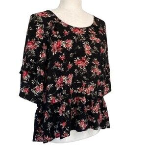 Eyeshadow Dark Floral Baby Doll Ruffle Top Short Puff Sleeve Flowy Zip Back